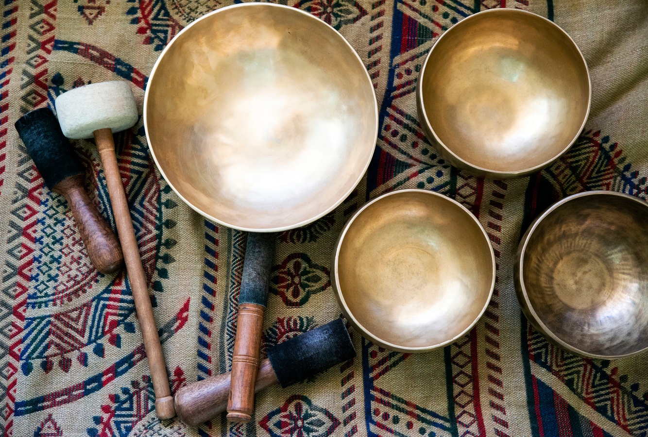 Accessories for sound massage. Tibetan singing bowls treatment